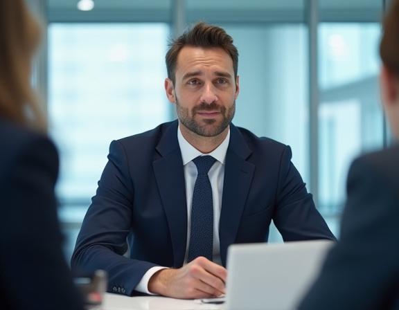 Riku Sailのスーツを着て会議に臨むビジネスマン