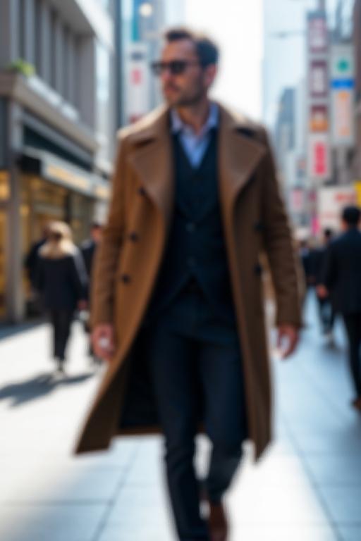 銀座の街を歩くRiku Sailのコートを着た男性