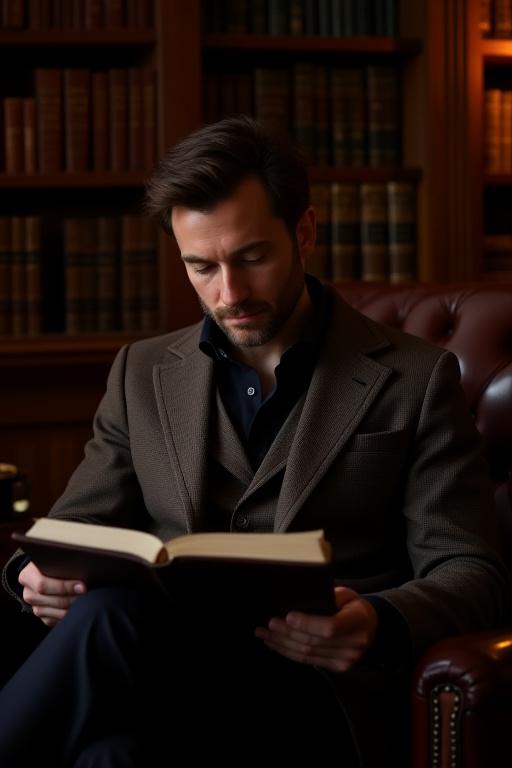 書斎で読書をするビスポークジャケットの男性