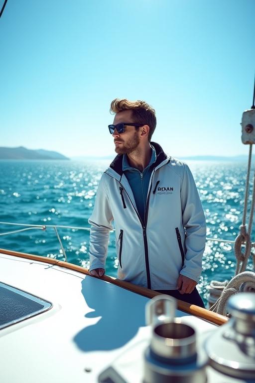 ヨットのデッキでRiku Sailのセーリングジャケットを着る男性