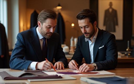 テーラーと顧客が生地見本を見ながら相談している