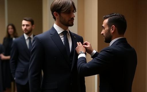 仮縫いされたジャケットを試着している顧客